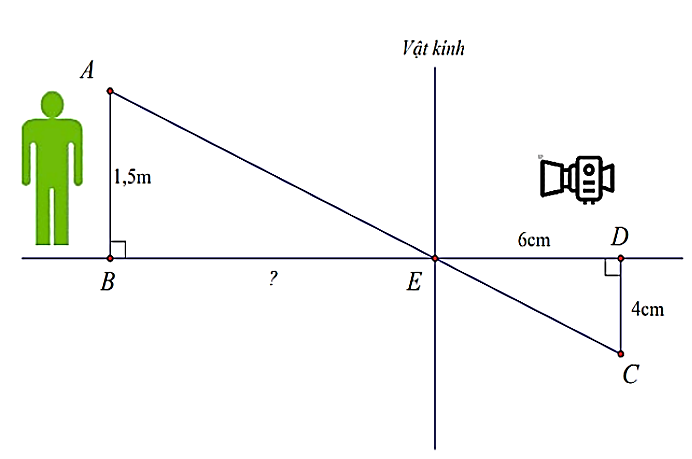 Hỏi khoảng cách từ người đó đến vật kính máy ảnh một đoạn \(BE\) là bao nhiêu centimet? (ảnh 1)