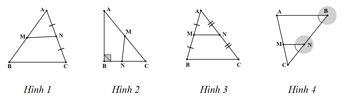 Đoạn thẳng \(MN\) là đường trung bình của tam giác \(ABC\) trong hình vẽ nào? (ảnh 1)