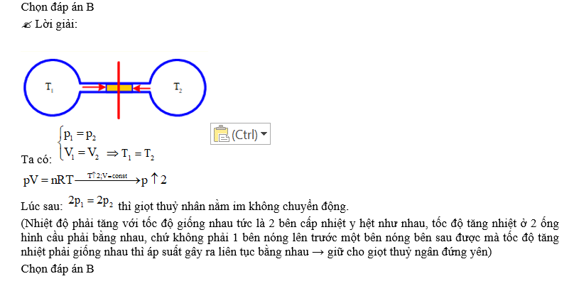 Tăng gấp đôi nhiệt độ tuyệt đối của khí trong mỗi bình thì giọt thủy ngân sẽ chuyển động như thế nào?   (ảnh 2)