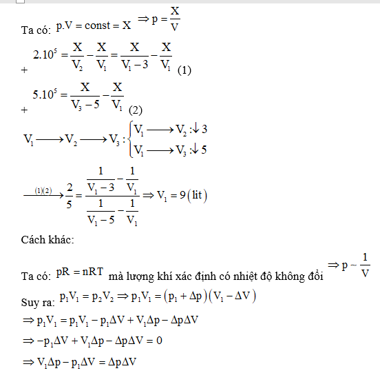 Biết nhiệt độ không đổi, thể tích ban đầu của khí tính theo đơn vị lít bằng bao nhiêu? (ảnh 1)