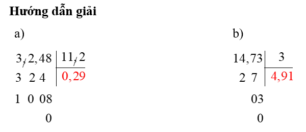  Điền số thích hợp vào ô trốnga) 3,248 : 11,2 = …b) 14,73 : 3 = … (ảnh 1)