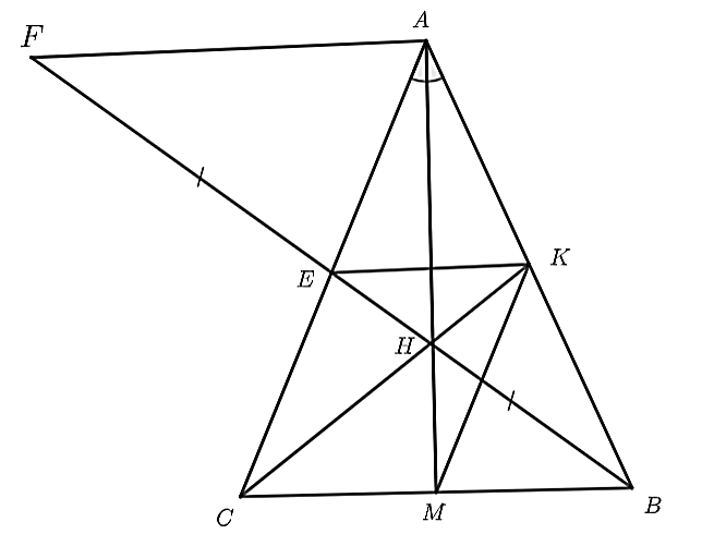  d) \(AB + BC < 2BE.\) (ảnh 1)
