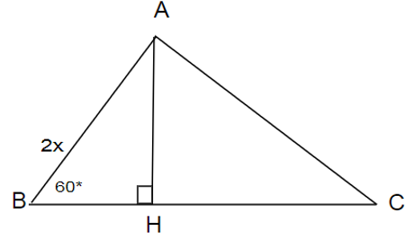 Cho tam giác ABC có góc B = 60 độ, AB = 8 cm, BC = 6cm. Độ dài của đoạn thẳng AC bằng : (ảnh 1)