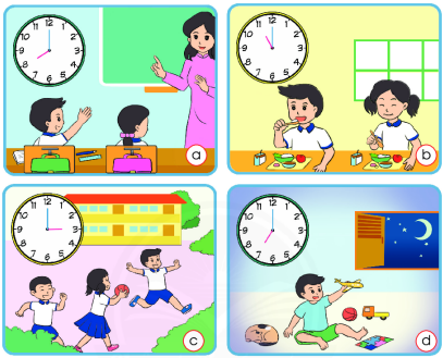 Nói theo mẫu. Mẫu: Lúc 8 giờ, em học trong lớp. (ảnh 1)