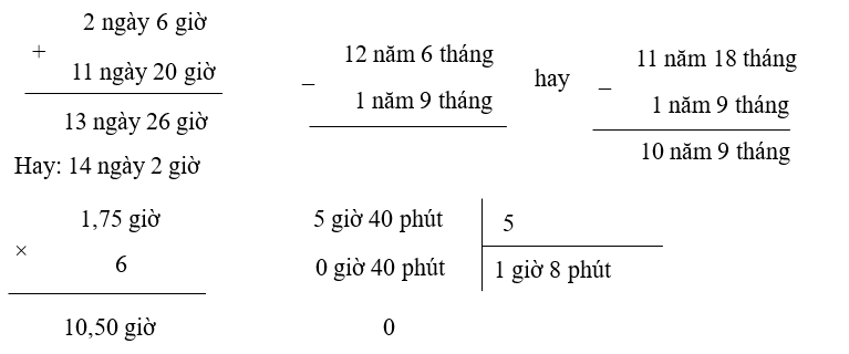 Đặt tính rồi tính: (2 điểm)  2 ngày 6 giờ + 11 ngày 20 giờ (ảnh 1)
