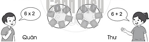 Xem tranh rồi thảo luận về phép tính của Quân và Thư. Theo em, bạn nào nêu phép tính đúng? (ảnh 1)
