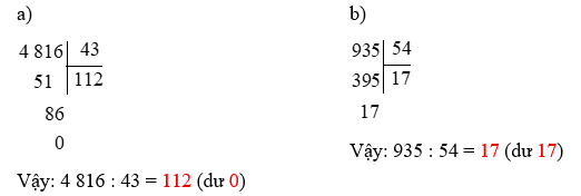 Điền số thích hợp vào ô trống.  a) 4 816 : 43 = … (dư …) (ảnh 1)