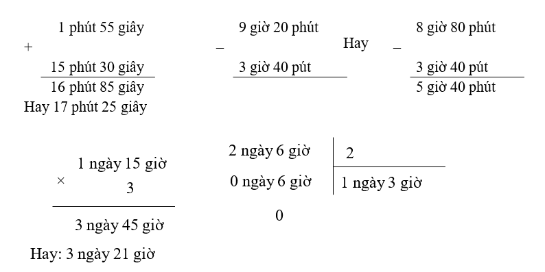 Đặt tính rồi tính: (2 điểm)  1 phút 55 giây + 15 phút 30 giây (ảnh 1)