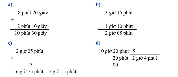 Đặt tính rồi tính:  a) 8 phút 20 giây + 2 phút 10 giây (ảnh 1)