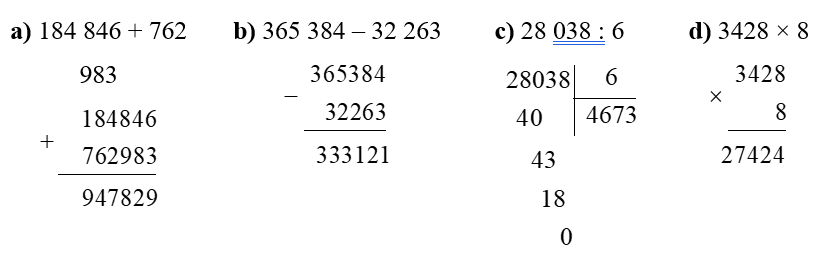 Đặt tính rồi tính.  a) 184 846 + 762 983 (ảnh 1)