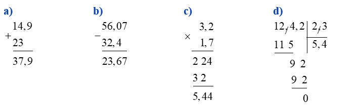  Đặt tính rồi tính:  a) 14,9 + 23 (ảnh 1)