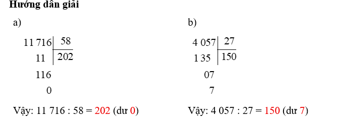 Tính.  a) 11 716 : 58 = … (dư …) (ảnh 1)