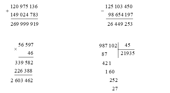  Đặt tính rồi tính. (2 điểm)     120 975 136 + 149 024 783 (ảnh 1)