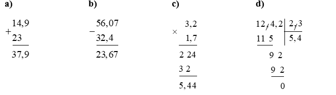 Đặt tính rồi tính:  a) 14,9 + 23 (ảnh 1)