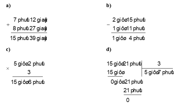 Đặt tính rồi tính:  a) 7 phút 12 giây + 8 phút 27 giây (ảnh 1)