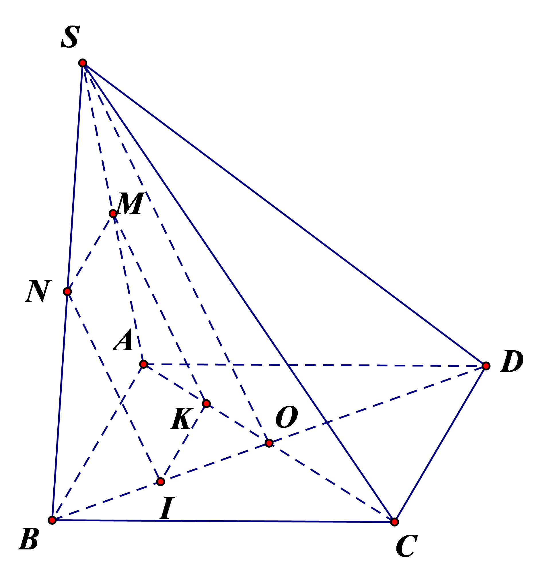 a) Hình chiếu song song của M lên mặt phẳng (ABCD) theo phương SO là trung điểm K của AO. (ảnh 1)