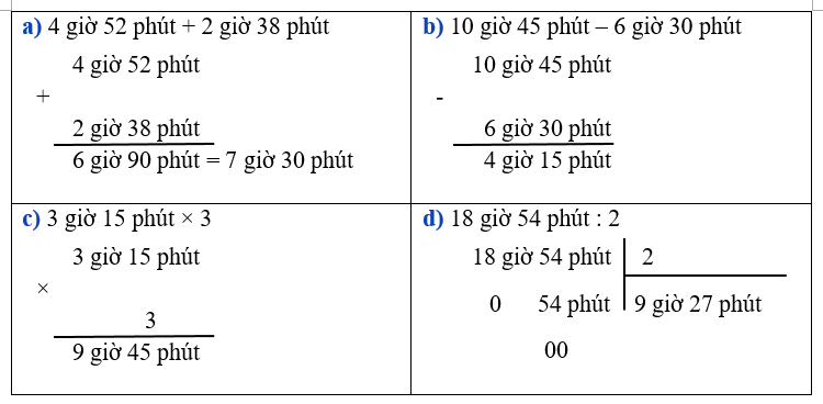 Đặt tính rồi tính: (2 điểm)  a) 4 giờ 52 phút + 2 giờ 38 phút (ảnh 1)