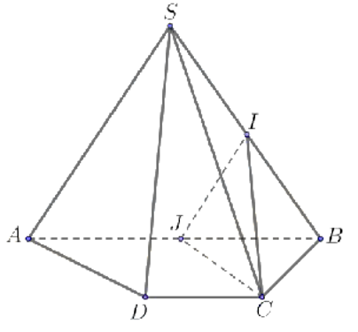 Cho hình chóp S.ABCD có đáy hình thang (AB // CD) và AB = 2CD. Gọi I, J lần lượt là trung điểm của SB và AB. Mặt phẳng nào song song với mặt phẳng (SAD)?   (ảnh 1)