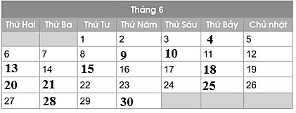 a) Viết các ngày còn thiếu trong tờ lịch tháng 6 dưới đây: (ảnh 2)