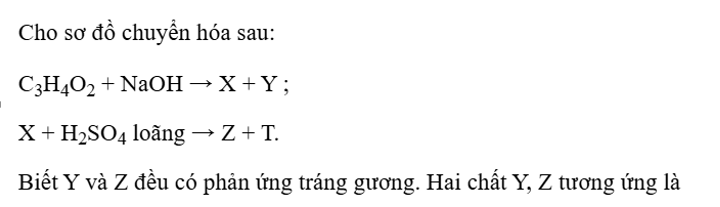 Cho sơ đồ chuyển hóa sau:  C3H4O2 NaOH X Y X H2SO4 loãng Z T (ảnh 1)
