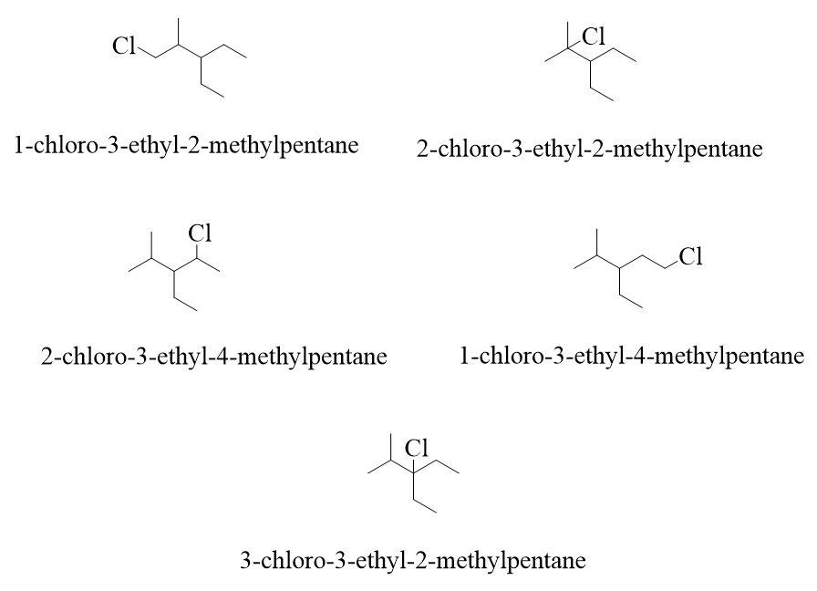 Cho 3-etyl-2-metylpentan tác dụng với Cl2 theo tỉ lệ số mol 1 : 1 (ảnh 1)