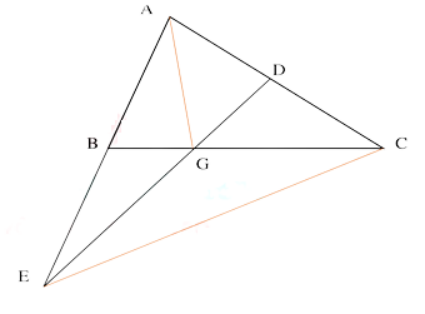 Cho tam giác ABC có đáy BC = 12cm. Gọi D là trung điểm của AC, kéo dài AB một đoạn BE = AB. Nói D với E, DE cắt BC tại G. a. So sánh diện tích các tam giác GBE và GBA, GAD và GDC. b. Tính độ dài đoạn BG? (ảnh 1)