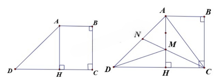 Cho hình thang vuông ABCD có góc B và góc C vuông, đáy nhỏ AB bằng  đáy lớn CD, kẻ chiều cao AH.  a) Tính tỉ số của diện tích hình chữ nhật ABCH và diện tích tam giác AHD.  b) Lấy M trên AH sao cho MH = AH, kéo dài CM cắt AD tại N. Tính tỉ số của AN và ND. (ảnh 1)