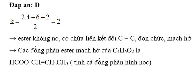 Ứng với CTPT C4H6O2 có bao nhiêu este mạch hở (ảnh 1)