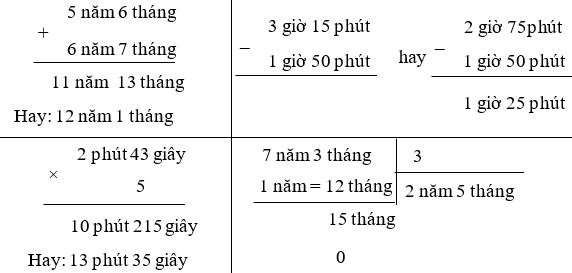 Đặt tính rồi tính:  5 năm 6 tháng + 6 năm 7 tháng 3 giờ 15 phút – 1 giờ 50 phút 2 phút 43 giây × 5 7 năm 3 tháng : 3 (ảnh 1)