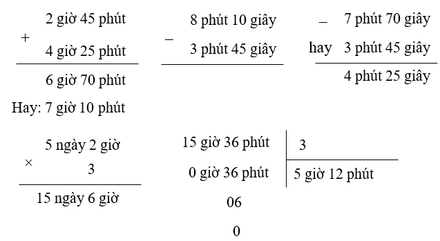 Đặt tính rồi tính:  2 giờ 45 phút + 4 giờ 25 phút 8 phút 10 giây – 3 phút 45 giây 5 ngày 2 giờ × 3 15 giờ 36 phút : 3 (ảnh 1)