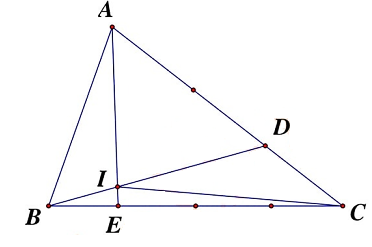  Cho tam giác ABC. Các điểm D, E nằm trên cạnh AC, BC sao cho AD = AC, BE = BC. Nối 2 đoạn BD và AE cắt nhau tại điểm I.  a) Tính tỉ số diện tích 2 tam giác ABI và BIC  b) Biết diện tích tam giác BEI bằng 11cm2. Tính diện tích tam giác ABE (ảnh 1)