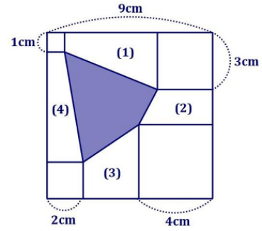  Tính diện tích phần tô đậm, biết diện tích các hình vuông nhỏ theo chiều kim đồng hồ là 1 cm2, 9 cm2, 16 cm2, 4 cm2 và diện tích hình vuông lớn là 81cm2. (ảnh 2)