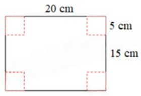 Một tờ giấy hình chữ nhật có kích thước 15cm x 20cm. Người ta cắt mỗi góc của tờ giấy đó một hình vuông góc cạnh 5cm. Sau đó gấp phần còn lại thành một hộp giấy hình hộp chữ nhật (không có nắp). Tính tổng diện tích 5 mặt trong của hộp giấy đó. (ảnh 1)