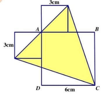 Cho hình vuông ABCD có cạnh bằng 6 cm. Hai hình vuông nhỏ có cạnh bằng 3 cm. Tính diện tích phần tô đậm (ảnh 1)