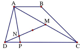 Cho hình thang ABCD có AB = DC. Trên AC lấy điểm M sao cho AM = MC. Trên DM lấy điểm N sao cho DN = DM. Kéo dài AN cắt DC tại điểm P. Biết diện tích tam giác ABC bằng 60cm2. a) Tính diện tích hình thang ABCD. b) Tính diện tích tam giác DNP. (ảnh 1)