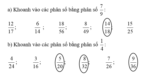 a) Khoanh vào các phân số bằng phân số 7/9 :  b) Khoanh vào các phân số bằng phân số : 1/4 (ảnh 3)