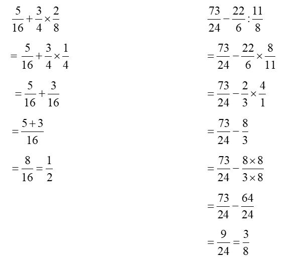 Tính (1,5 điểm)  5/16 + 3/4 x 2/8   = …………………………………  73/24 - 22/6 : 11/8 (ảnh 1)