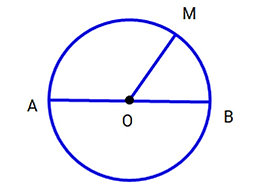 Đáp án nào dưới đây nêu đúng tên các bán kính có trong hình tròn:   A. OA, OB, OM 	B. AB	C. OM	D. AM, BM (ảnh 1)