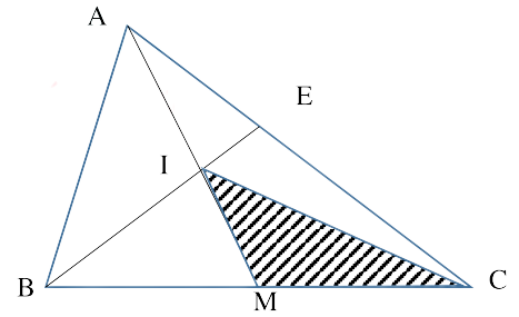 Cho tam giác ABC, M là trung điểm của BC, I là điểm nằm giữa AM. Biết diện tích tam giác ICM là 2,5cm2. a. Tính diện tích tam giác ABC? b. BI kéo dài cắt AC tại E, tìm tỉ số BI và IE? (ảnh 1)