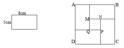 Người ta xếp 4 hình chữ nhật bằng nhau để được một hình vuông ABCD và bên trong có phần trống hình vuông MNPQ. Tính diện tích phần trống hình vuông MNPQ. (ảnh 1)