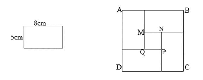 Người ta xếp 4 hình chữ nhật bằng nhau để được một hình vuông ABCD và bên trong có phần trống hình vuông MNPQ. Tính diện tích phần trống hình vuông MNPQ. (ảnh 2)