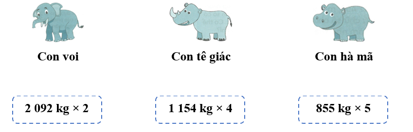 Kết quả mỗi phép tính là cân nặng của một con vật dưới đây. Nối con vật với cân nặng thích hợp (ảnh 1)