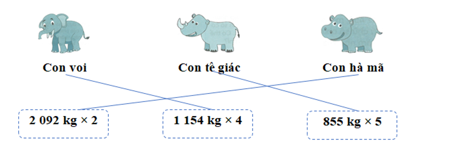 Kết quả mỗi phép tính là cân nặng của một con vật dưới đây. Nối con vật với cân nặng thích hợp (ảnh 2)