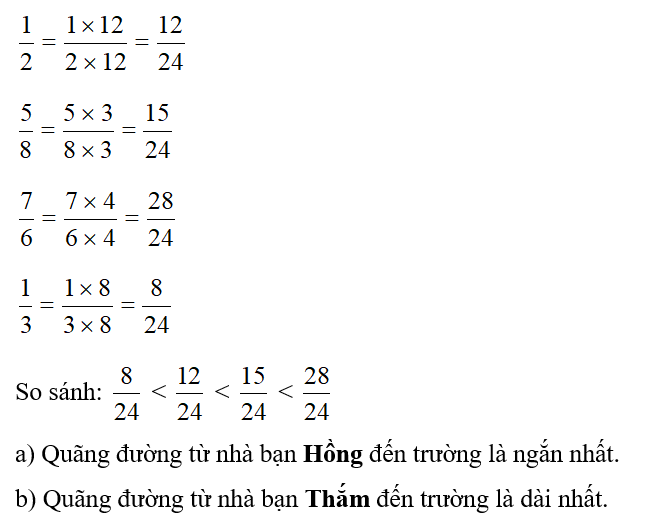 Điền vào chỗ chấm: (1 điểm)  Quãng đường từ nhà bạn Hoa, Lan, Thắm, Hồng đến trường lần lượt (ảnh 1)