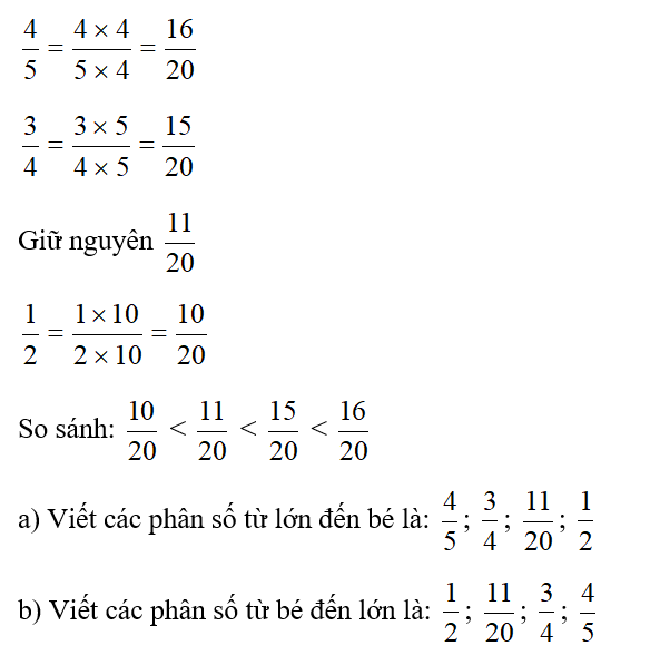 Viết các phân số  theo thứ tự:  4/5 ; 3/4 ; 11/20; 1/2   a) Từ lớn đến bé: (ảnh 1)