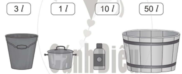 Bài 4 trang 65 vở bài tập Toán lớp 2 Tập 1: Nối thẻ ghi số lít thích hợp với mỗi đồ vật (ảnh 1)