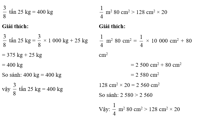 > ; < ; = ? (1 điểm)  3/8 tấn 25 kg ……… 400 kg  7/14 giờ 25 phút ……… 71 phút    (ảnh 1)