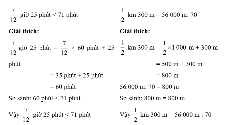 > ; < ; = ? (1 điểm)  3/8 tấn 25 kg ……… 400 kg  7/14 giờ 25 phút ……… 71 phút    (ảnh 2)
