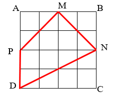 Hình vuông ABCD được chia đều thành các ô vuông (như hình vẽ). Mỗi ô vuông có cạnh 1 cm. Tính diện tích tứ giác MNDP. (ảnh 1)