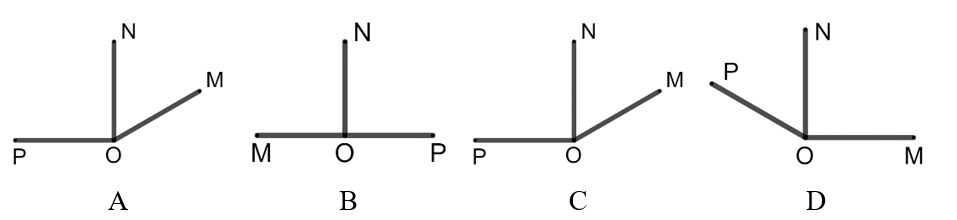 Bạn Vân vẽ góc đỉnh O; cạnh OM, ON có số đo 90o và góc đỉnh O; cạnh ON, OP có số đo 60o. Hình nào dưới đây là bạn Vân vẽ? (ảnh 1)